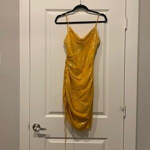 Cinq a Sept Jacquard Astrid Citrine Gold Ruched Dress